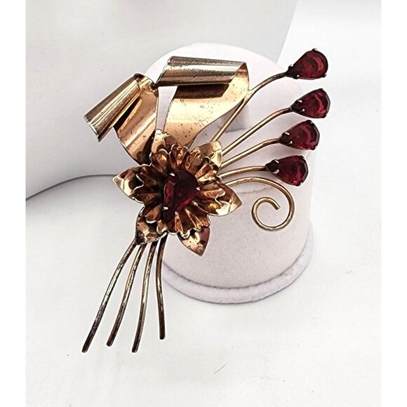 Vintage Sterling Silver with Rose Gold Vermeil Plum Rhinestone Floral Brooch 40s - Picture 1 of 12